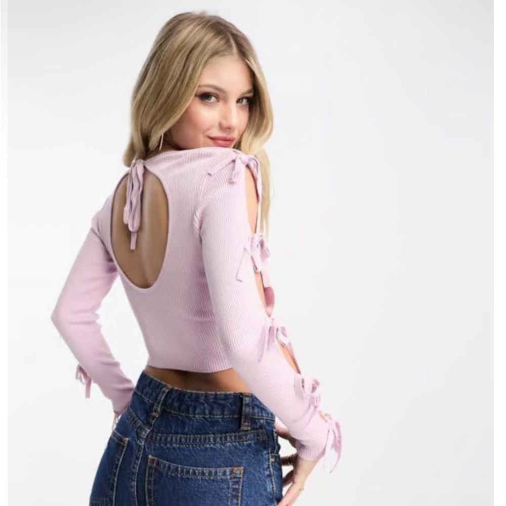 Lilac Ribbed Miss Selfridge Tie-Sleeve Top